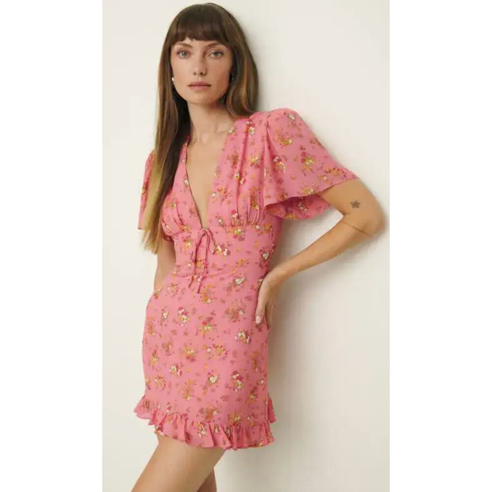 Reformation | Mya Rosato Dress Pink Floral Mini Ruffle | Sz 6